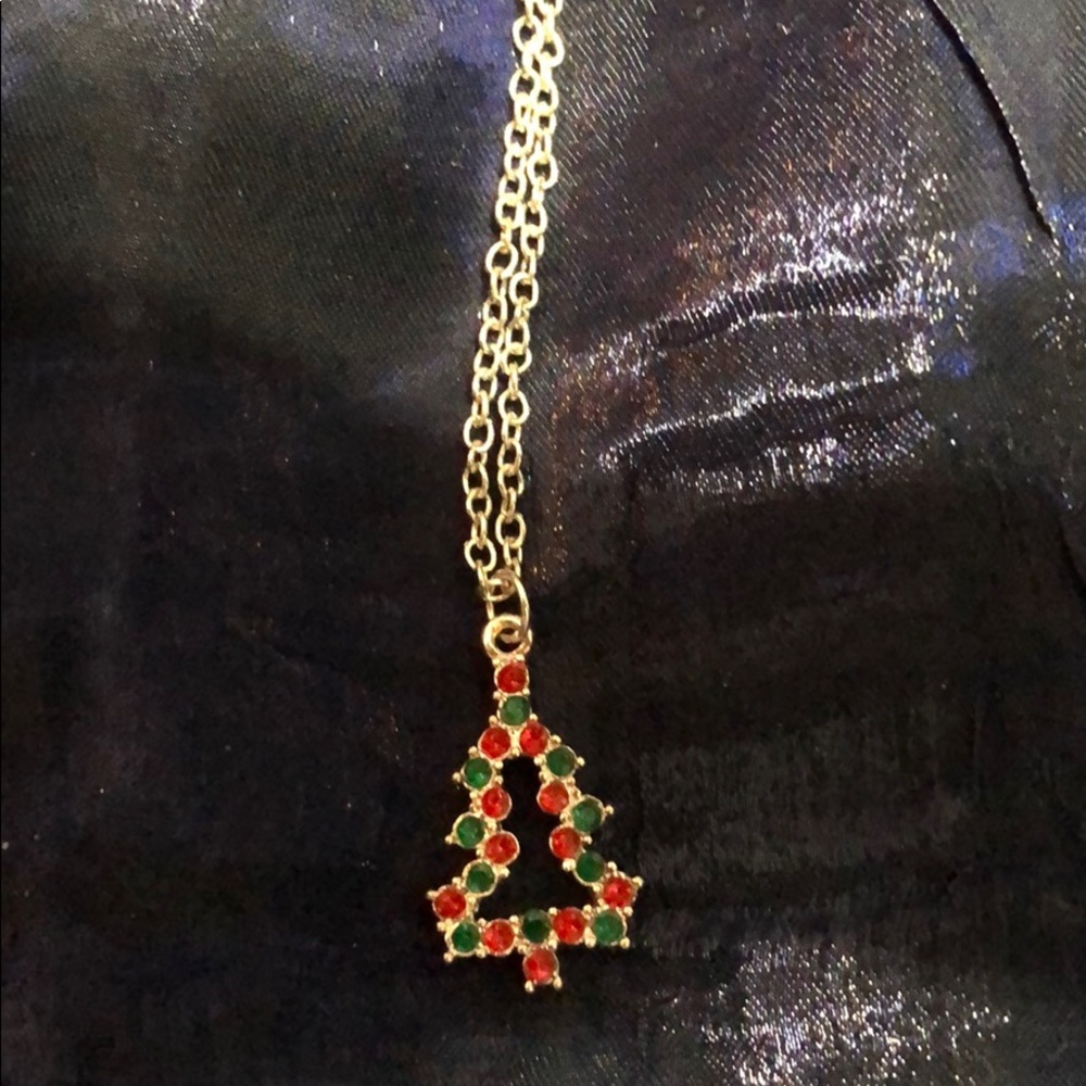 Red and Green Rhinestone Tree Necklace